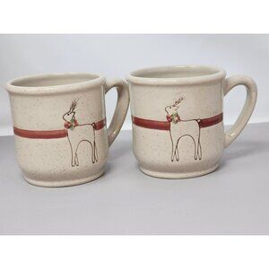 Set Of 2  Tender Heart‎ Treasures Stoneware Mugs With Reindeer Design & Red Band